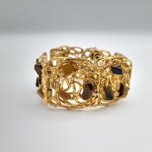 Vintage Gold Tone Tiger Eye Panel Link Bracelet Filigree Wide